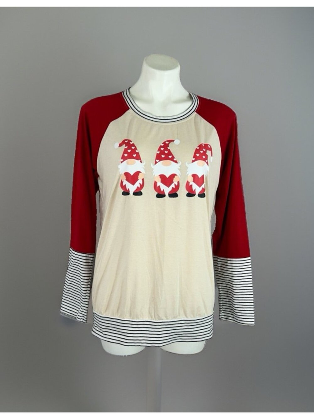 Women's Top Christmas Gnome Long Sleeve Shirt Size Medium Red tan Black Stripes